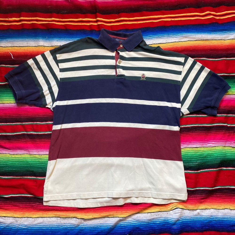 Vintage Tommy Hilfiger Mens XL Striped Crest Polo Shirt Navy Green Red White
